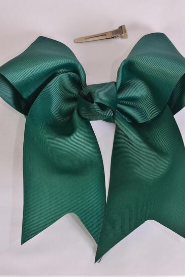 Hair Bow Extra Jumbo Long Tail Cheer Type Bow Hunter Green Grosgrain Bow-tie / 12 pcs Bow = Dozen  Hunter Green , Alligator Clip , Size - 6.5" x 6" Wide , Clip Strip & UPC Code