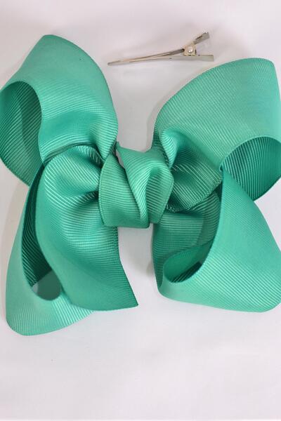 Hair Bow Jumbo Caribbean Green Grosgrain Bow-tie / 12 pcs Bow = Dozen Caribbean Green , Alligator Clip , Size - 6" x 5" Wide , Clip Strip & UPC Code
