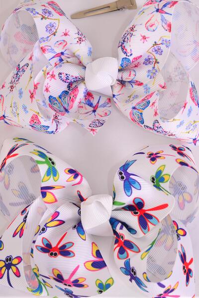 Hair Bow Jumbo Butterfly Dragonfly Pattern Mix Grosgrain Bow-tie / 12 pcs Bow = Dozen  Alligator Clip , Size - 6" x 5" Wide , 6 Of each Pattern Asst , Clip Strip and UPC Code