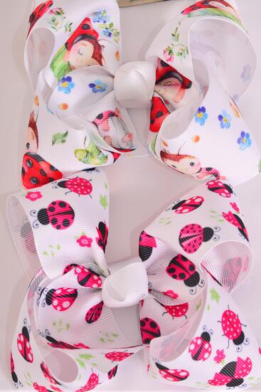 Hair Bow Jumbo Ladybug Pattern Mix Grosgrain Bow-tie / 12 pcs Bow = Dozen Alligator Clip , Size - 6" x 5" Wide , 6 of each Pattern Asst , Clip Strip and UPC Code