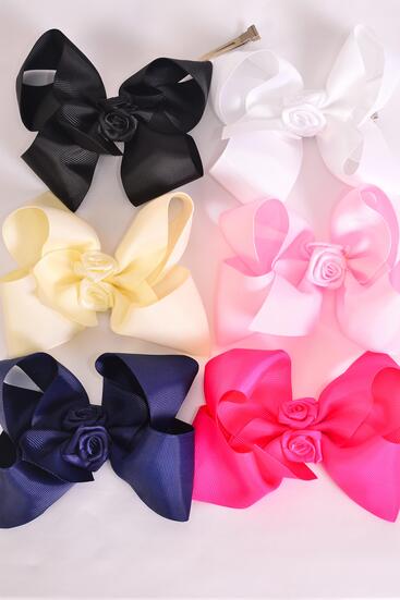 Hair Bow Jumbo Center Satin Roses Grosgrain Bow-tie Multi / 12 pcs Bow = Dozen  Alligator Clip , Size - 6" x 5" Wide , 2 White , 2 Navy , 2 Beige , 2 Black , 2 Baby Pink , 2 Fuchsia Color Asst , Clip Strip & UPC Code