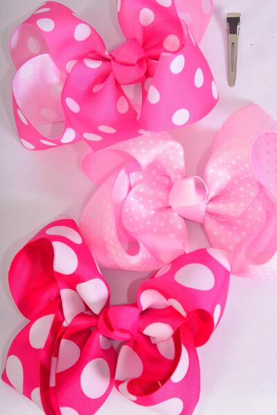 Hair Bow Jumbo Polka Dots Grosgrain Bow-tie Pink Mix / 12 pcs Bow = Dozen  Pink Mix , Alligator Clip , Size - 6" x 5" Wide , 4 of each Pattern Asst , Clip Strip & UPC Code