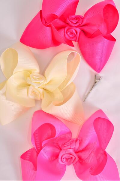Hair Bow Jumbo Center Satin Roses Grosgrain Bow-tie Pink Mix / 12 pcs Bow = Dozen Alligator Clip , Size - 6" x 5" Wide , 4 Ivory , 4 Hot Pink , 4 Fuchsia Color Asst , Clip Strip & UPC Code