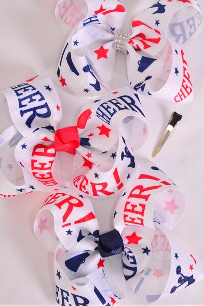 Hair Bow Jumbo Cheerleader Grosgrain Bow-tie / 12 pcs Bow = Dozen Alligator Clip , Size - 6 x 5" Wide , 4 of each Pattern Asst , Clip Strip & UPC Code