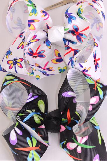 Hair Bow Jumbo Dragonfly Grosgrain Bow-tie / 12 pcs Bow = Dozen  Alligator Clip , Size - 6" x 5" Wide , 6 Of each Pattern Asst , Clip Strip and UPC Code