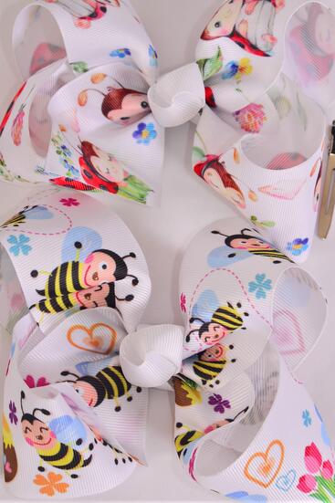 Hair Bow Jumbo Honey Bee Ladybug Pattern Mix Grosgrain Bow-tie / 12 pcs Bow = Dozen Alligator Clip , Size - 6" x 5" Wide , 6 Of each Pattern Asst , Clip Strip and UPC Code