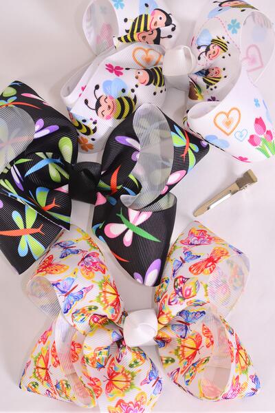 Hair Bow Jumbo Butterfly Honey Bee Dragonfly Pattern Asst Grosgrain Bow-tie / 12 pcs Bow = Dozen Alligator Clip , Size - 6" x 5" Wide , 4 Butter , 4 Honey Bee , 4 DRagonfly Pattern Asst , Clip Strip & UPC Code