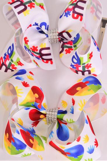 Hair Bow Jumbo Autism Grosgrain Bow-tie / 12 pcs Bow = Dozen  Alligator Clip , Size - 6" x 5" Wide , 6 Of each Pattern Asst , Clip Strip and UPC Code