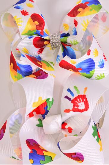 Hair Bow Jumbo Autism Grosgrain Bow-tie / 12 pcs Bow = Dozen  Alligator Clip , Size - 6" x 5" Wide , 6 Of each Pattern Asst , Clip Strip and UPC Code