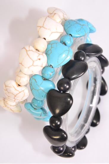 Bracelet Semiprecious Stone Heart Stretch / 12 pcs = Dozen Match 70148 03121 Stretch , 4 Black , 4 Ivory , 4 Turquoise , Hang Tag & Opp Bag & UPC Code