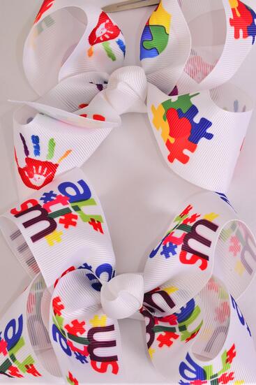 Hair Bow Jumbo Autism Grosgrain Bow-tie /  12 pcs Bow = Dozen Autism , Alligator Clip , Size - 6" x 5" Wide , 6 Of each Pattern Asst , Clip Strip and UPC Code