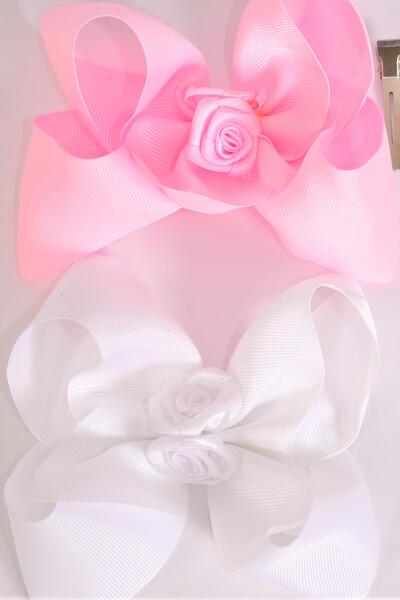 Hair Bow Jumbo Center Satin Roses Grosgrain Bow-tie Pink White Mix / 12 pcs Bow = Dozen Alligator Clip , Size - 6" x 5" Wide , 6 Pink , 6 White Color Asst , Clip Strip & UPC Code