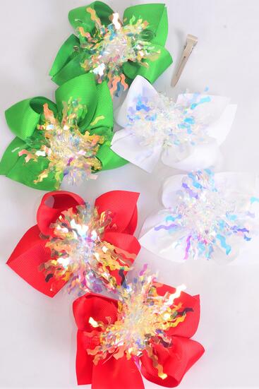 Hair Bow 24 pcs XMAS Center Iridescent Grosgrain Bow-tie / 24 pcs Bow = Dozen  Alligator Clip , Size - 4" x 3" Wide , 4 Red , 4 White , 4 Green Mix , Clip Strip & UPC Code , 24 pcs per Clip Strip