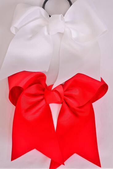Hair Bow Extra Jumbo Long Tail Cheer Type Bow Elastic Red White Mix Grosgrain Bow-tie / 12 pcs Bow = Dozen  Elastic , Size - 6.5" x 6" Wide , 6 Red , 6 White Color Asst , Clip Strip & UPC Code