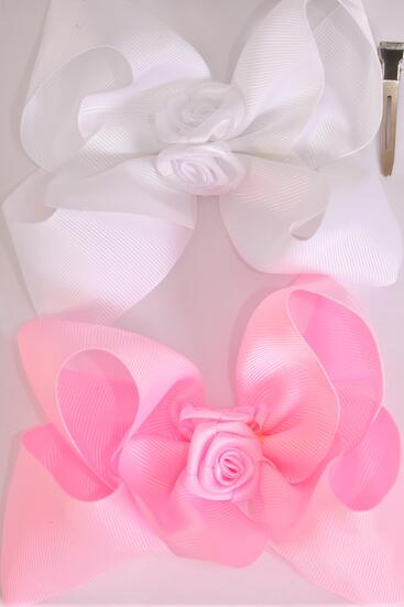 Hair Bow Jumbo Center Satin Roses Grosgrain Bow-tie Pink White Mix / 12 pcs Bow = Dozen Alligator Clip , Size - 6" x 5" Wide , 6 Pink , 6 White Color Asst , Clip Strip & UPC Code