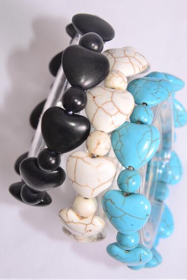 Bracelet Semiprecious Stone Heart Stretch / 12 pcs = Dozen Match 70148 03121 Stretch , 4 Black , 4 Ivory , 4 Turquoise , Hang Tag & Opp Bag & UPC Code