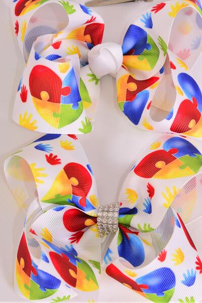 hair bow jumbo autism grosgrain bow-tie /  12 pcs Bow = Dozen Autism Awarenes , Alligator Clip , Size - 6" x 5" Wide , 6 Of each Pattern Asst , Clip Strip and UPC Code