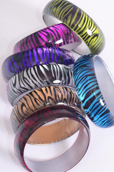 Bracelet Bangle Acrylic Cat-eye Zebra Print Multi / 12 pcs = Dozen Multi , Size - 2.75" x 1", 2 Fuchsia , 2 Blue , 2 Purple , 2 Gold , 2 Silver , 1 Lime , 1 Red  Color Mix , Hang tag and Opp bag & UPC Code