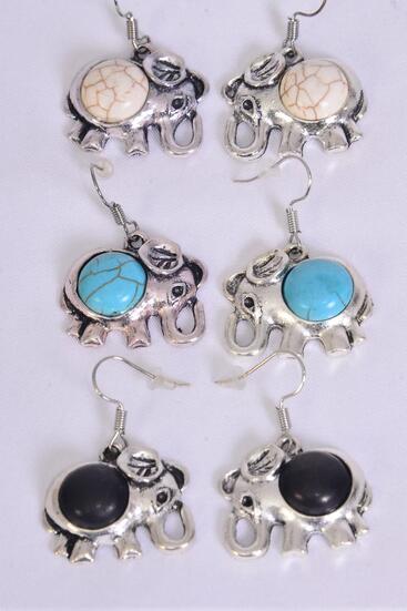 Earrings Metal Antique Elephant Semiprecious Stone / 12 pair = Dozen match 27133 75029  Fish Hook , Size - 1" x 1" Wide , 4 Black , 4 Ivory , 4 Turquoise Color Asst , Earring Card & OPP Bag & UPC Code