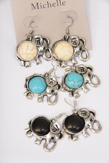 Earrings Metal Antique Elephant Semiprecious Stone / 12 pair = Dozen match 27133 75029  Fish Hook , Size - 1" x 1" Wide , 4 Black , 4 Ivory , 4 Turquoise Color Asst , Earring Card & OPP Bag & UPC Code