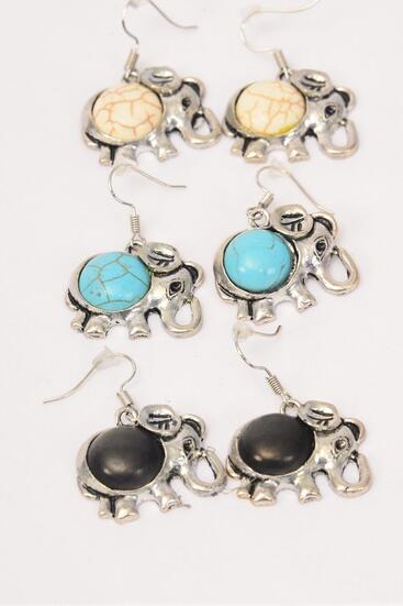 Earrings Metal Antique Elephant Semiprecious Stone / 12 pair = Dozen match 27133 75029  Fish Hook , Size - 1" x 1" Wide , 4 Black , 4 Ivory , 4 Turquoise Color Asst , Earring Card & OPP Bag & UPC Code