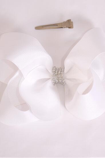 Hair Bow Jumbo Center Clear Stones White Grosgrain Bow-tie / 12 pcs Bow = Dozen White , Alligator Clip , Bow - 6" x 5" Wide , Clip Strip & UPC Code