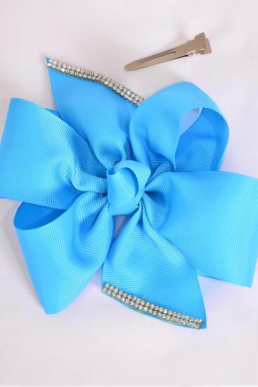 Hair Bow Jumbo Clear Stones Grosgrain Bow-tie Turquoise / 12 pcs Bow = Dozen Alligator Clip , Size - 6" x 5" Wide , Clip Strip & UPC Code