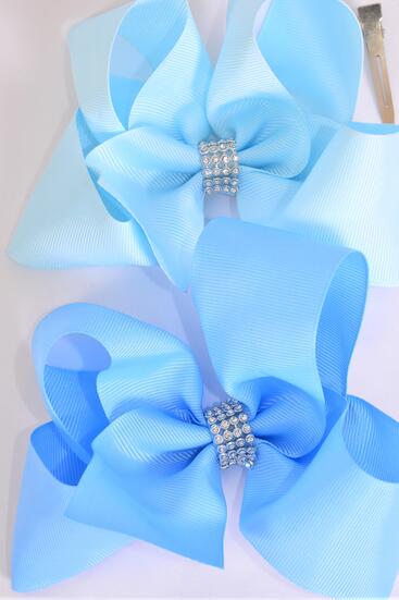 Hair Bow Jumbo Center Clear Stones Blue Mix Grosgrain Bowtie/ 12 pcs Bow = Dozen Blue Mix , Alligator Clip , Bow - 6" x 5" Wide , 6 Sky Blue , 6 Baby Blue Color Asst , Clip Strip & UPC Code