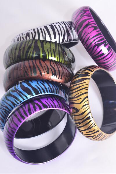 Bracelet Bangle Acrylic Zebra Print Multi / 12 pcs = Dozen Multi , Size - 2.75" x 1" Dia Wide , 2 Silver , 2 Gold , 2 Fuchsia , 2 Purple , 2  Blue , 1 Olive ,1 Brown Color Asst , Hang Tag & Opp Bag & UPC Code