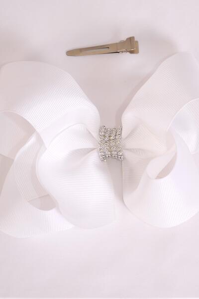 Hair Bow Jumbo Center Clear Stones White Grosgrain Bow-tie / 12 pcs Bow = Dozen White , Alligator Clip , Bow - 6" x 5" Wide , Clip Strip & UPC Code