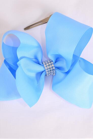 Hair Bow Jumbo Center Clear Stones Sky Blue Grosgrain Bow-tie / 12 pcs Bow = Dozen Sky Blue , Alligator Clip , Bow - 6" x 5", Clip Strip & UPC Code