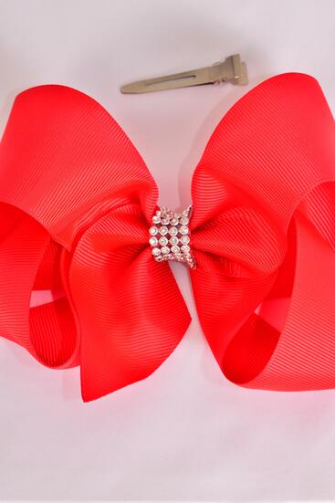 Hair Bow Jumbo Center Clear Stones Red Grosgrain Bow-tie / 12 pcs Bow = Dozen Red , Alligator Clip , Bow - 6" x 5" , Clip Strip & UPC Code