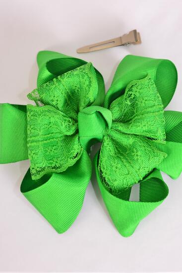 Hair Bow Jumbo Lace Double Layered Grosgrain Bow-tie Green / 12 pcs Bow = Dozen  Green , Alligator Clip , Bow - 6" x 5" Wide , Clip Strip & UPC Code