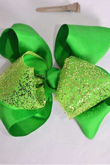 Hair Bow Jumbo Double Layered Glitter Grosgrain Bow-tie Green / 12 pcs Bow = Dozen Green , Alligator Clip , Bow - 6" x 5" Wide , Clip Strip & UPC Code