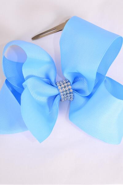 Hair Bow Jumbo Center Clear Stones Sky Blue Grosgrain Bow-tie / 12 pcs Bow = Dozen Sky Blue , Alligator Clip , Bow - 6" x 5", Clip Strip & UPC Code