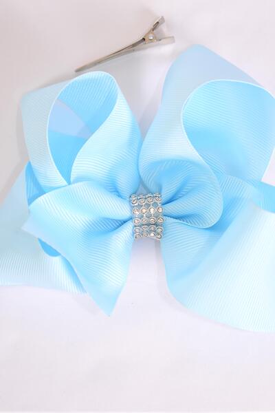 Hair Bow Jumbo Center Clear Stones Baby Blue Grosgrain Bow-tie / 12 pcs Bow = Dozen Baby Blue , Alligator Clip , Bow - 6" x 5", Clip Strip & UPC Code