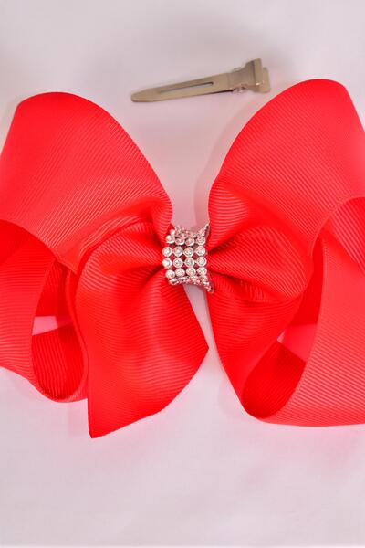Hair Bow Jumbo Center Clear Stones Red Grosgrain Bow-tie / 12 pcs Bow = Dozen Red , Alligator Clip , Bow - 6" x 5" , Clip Strip & UPC Code