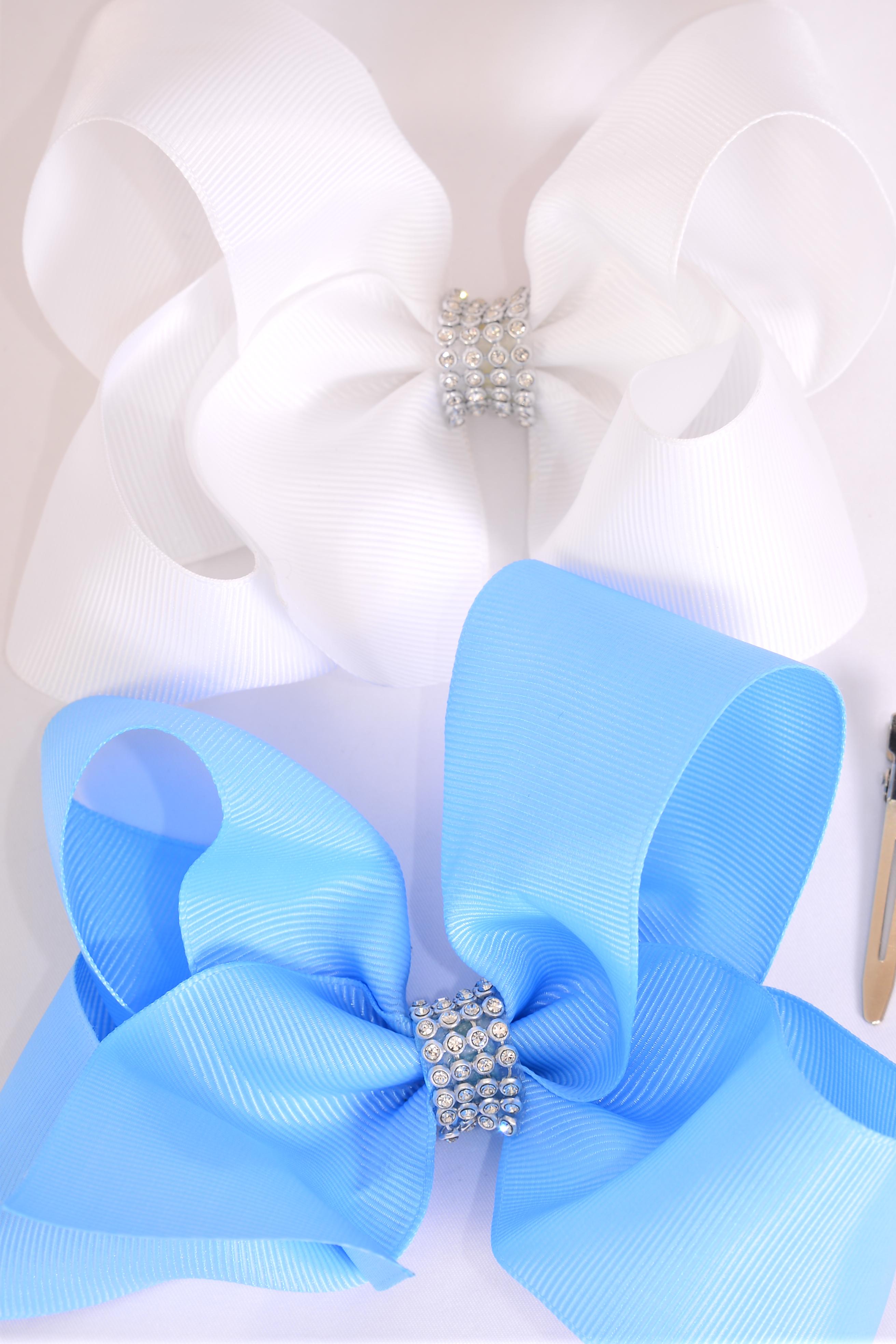 Hair Bow Jumbo Center Clear Stones Sky Blue White Mix Grosgrain Bow-tie ...