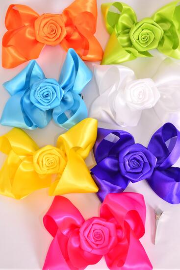 Hair Bow Jumbo Satin Rose Citrus / 12 pcs Bow = Dozen Alligator Clip , Size - 6" x 5" Wide , 2 White , 2 Yellow , 2 Blue , 2 Fuchsia , 2 Purple , 1 Orange , 1 Lime Color Asst , Clip Strip & UPC Code