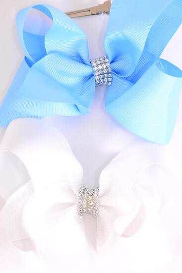 Hair Bow Jumbo Center Clear Stones Sky Blue White Mix Grosgrain Bow-tie / 12 pcs Bow = Dozen  Alligator Clip , Bow - 6" x 5" Wide , 6 Sy Blue , 6 White Color Asst , Clip Strip & UPC Code
