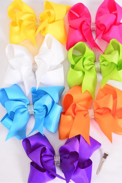 Hair Bow Jumbo Double Layered Center Clear Stones Grosgrain Bow-tie Citrus / 12 pcs Bow = Dozen Alligator Clip , Size - 6" x 5" Wide , 2 White , 2 Fuchsia , 2 Turquoise , 2 Purple , 2 Yellow , 1 Orange , 1 Lime Color Asst , Clip Strip & UPC Code