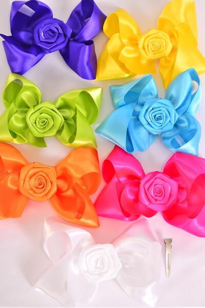 Hair Bow Jumbo Satin Rose Citrus / 12 pcs Bow = Dozen Alligator Clip , Size - 6" x 5" Wide , 2 White , 2 Yellow , 2 Blue , 2 Fuchsia , 2 Purple , 1 Orange , 1 Lime Color Asst , Clip Strip & UPC Code
