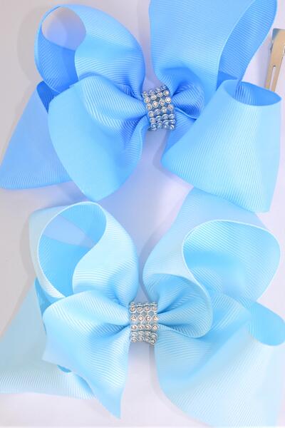 Hair Bow Jumbo Center Clear Stones Blue Mix Grosgrain Bowtie/ 12 pcs Bow = Dozen Blue Mix , Alligator Clip , Bow - 6" x 5" Wide , 6 Sky Blue , 6 Baby Blue Color Asst , Clip Strip & UPC Code