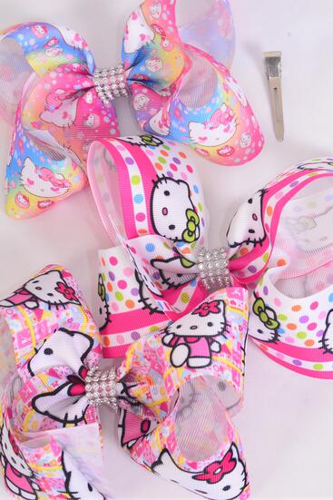 Hair Bow Jumbo Cute Kitty Mix Grosgrain Bow-tie /  12 pcs Bow = Dozen  Alligator Clip , Size - 6" x 5" Wide , 4 Of Each Pattern Asst , Clip Strip & UPC Code