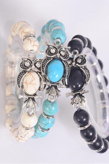 Bracelet Sideways Owl 10 mm Semiprecious Stone / 12 pcs = Dozen  match 75028 02661 Stretch , Owl - 1.25" x 0.75" Wide , 4 Black , 4 Ivory , 4 Turquoise Asst , Hang Tag & OPP Bag & UPC Code