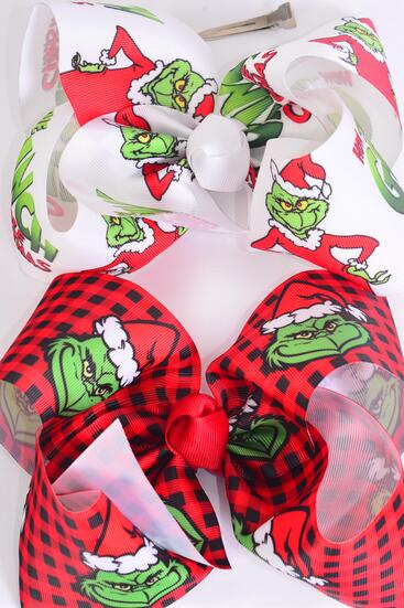 Hair Bow Jumbo Christmas Grinch Mix Grosgrain Bow-tie / 12 pcs Bow = Dozen match 01012  Grinch , Alligator Clip , Size - 6" x 5" Wide , 6 Of Each Pattern Asst , Clip Strip & UPC Code