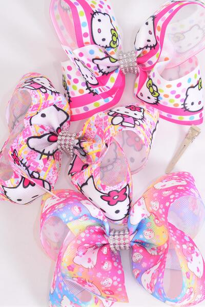 Hair Bow Jumbo Cute Kitty Mix Grosgrain Bow-tie /  12 pcs Bow = Dozen  Alligator Clip , Size - 6" x 5" Wide , 4 Of Each Pattern Asst , Clip Strip & UPC Code