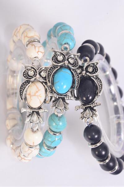 Bracelet Sideways Owl 10 mm Semiprecious Stone / 12 pcs = Dozen  match 75028 02661 Stretch , Owl - 1.25" x 0.75" Wide , 4 Black , 4 Ivory , 4 Turquoise Asst , Hang Tag & OPP Bag & UPC Code