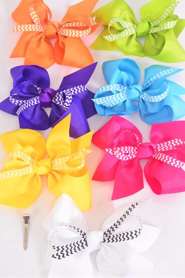 Hair Bow Jumbo Center Chevron Ribbon Grosgrain Bow-tie Citrus / 12 pcs Bow = Dozen Alligator Clip , Size - 6" x 5" Wide , 2 Fuchsia , 2 Blue , 2 Yellow , 2 Purple , 2 White , 1 Lime , 1 Orange Color Mix , Clip Strip & UPC Code