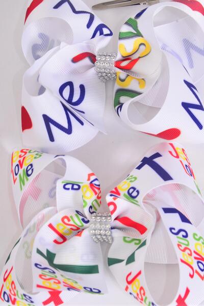 Hair Bow Jumbo Jesus Loves Me Grosgrain Bow-tie /  12 pcs Bow = Dozen  Jesus , Alligator Clip , Size - 6" x 5" Wide , 6 of each Pattern Asst , Clip Strip and UPC Code
